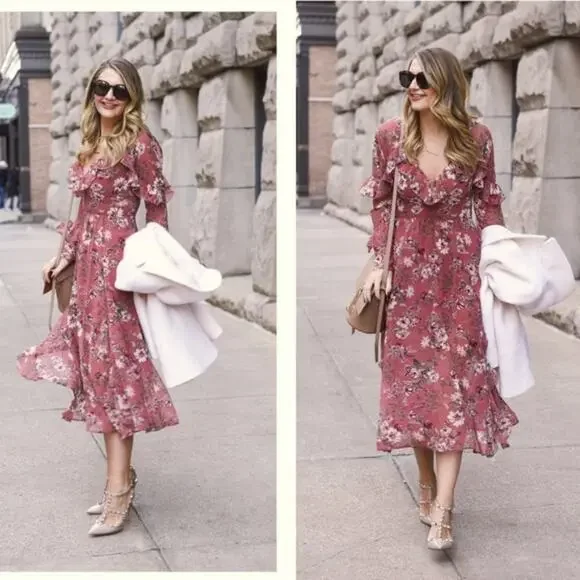 WAYF - Pink Floral Long Sleeve Midi Dress - Picture 2 of 9